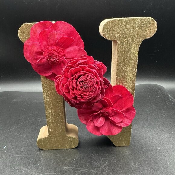 Wooden Initial Letter N Gold Red Sola Wood Flowers 6" Free Standing Monogram - Picture 10 of 10